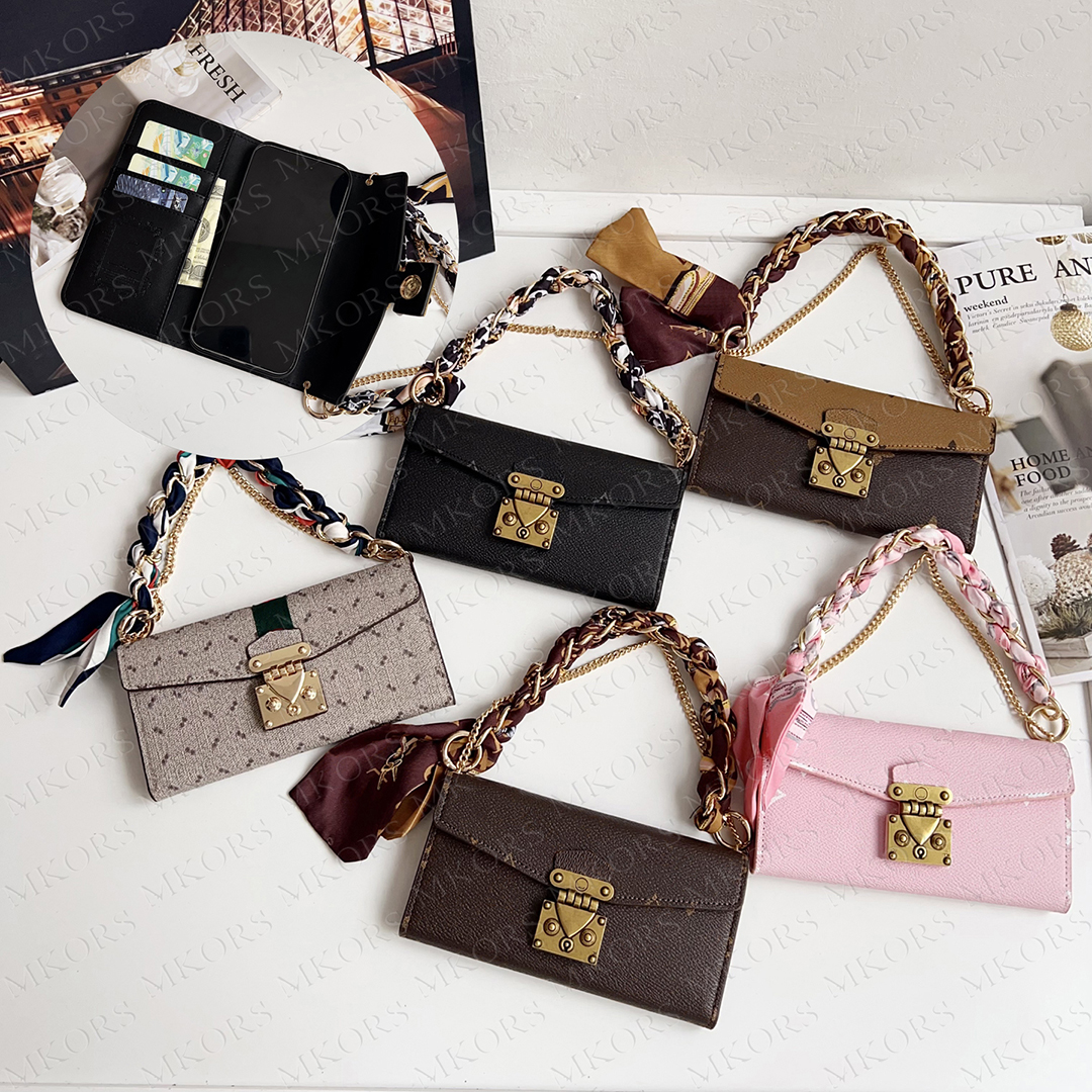 Luxury Leather Wallet Phone Case for iPhone 17 Air 16 15 14 Plus 13 12 Pro Max 11 Protection Designer Purse Style Handy Chain Scarf Cover Samsung S26 S25 S24 S23 S22 Ultra