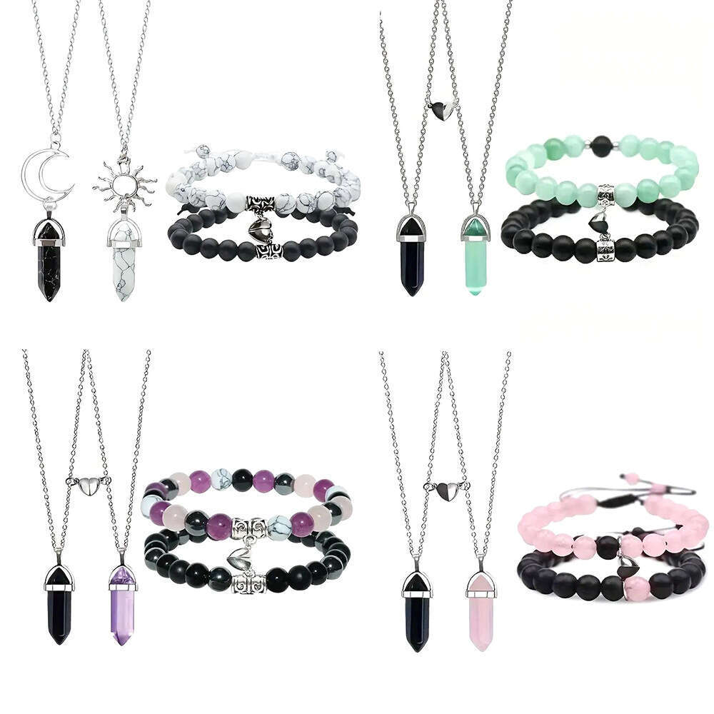 Jewelry Set 4-piece Natural Stone Couple Love Magnet Mutual Attraction Bracelet Hexagonal Column Necklace