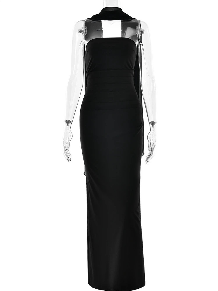 Xiaotang Scarf collar strapless sexy womens long dress fashionable shoulder back fitness club party elegant 250420