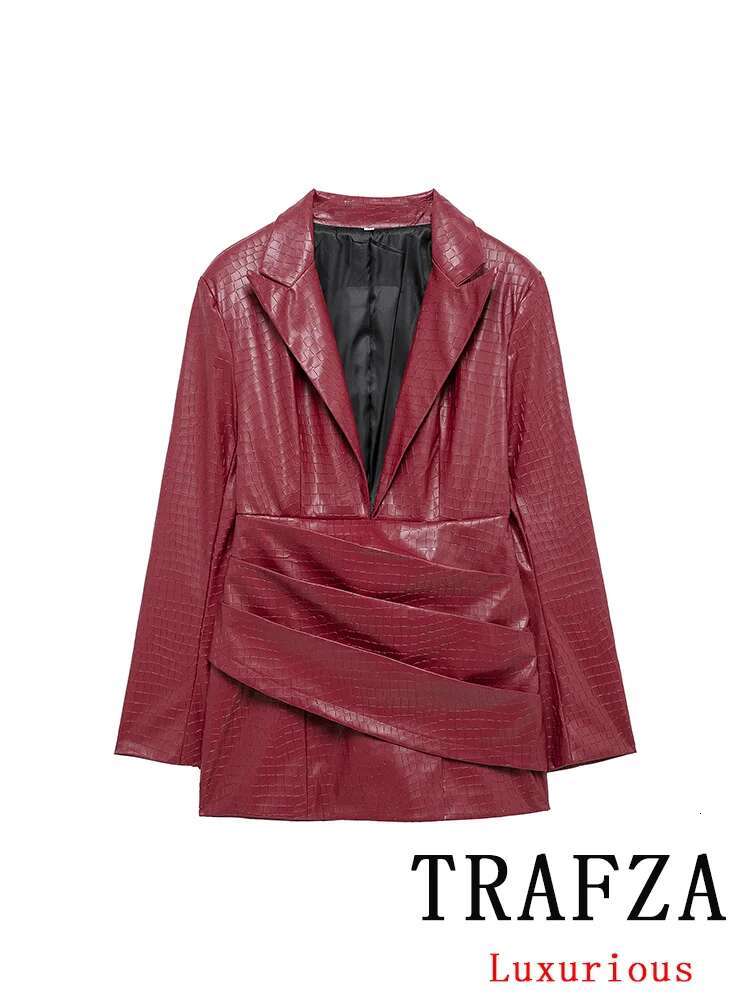 TRAFZA Sexy Leather Women Party Solid Red Long Sleeve Mini Sheath New Fashion Autumn Winter Evening Club Dress