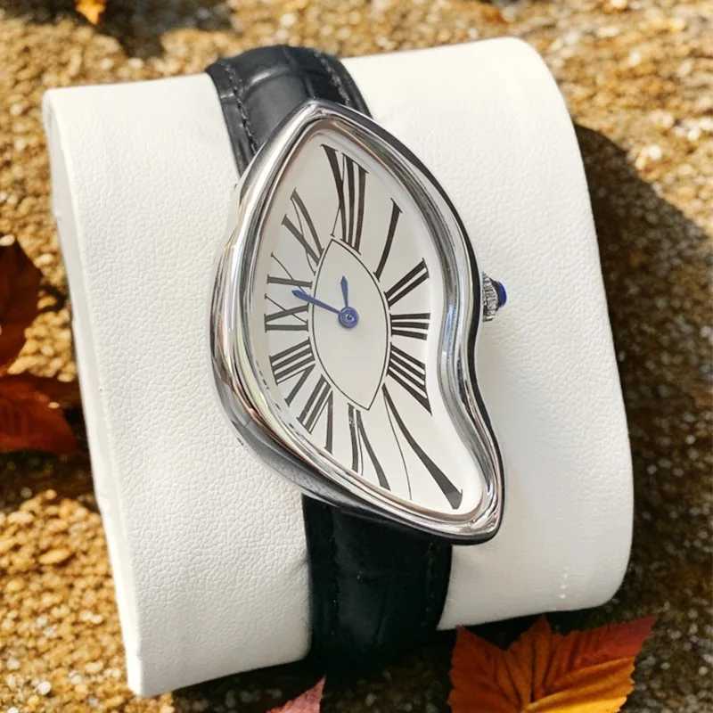 Medieval alien watches melt and twist Y2K alien ladies and mens leather strap fashion advances in niche design of quartz watches Z250422