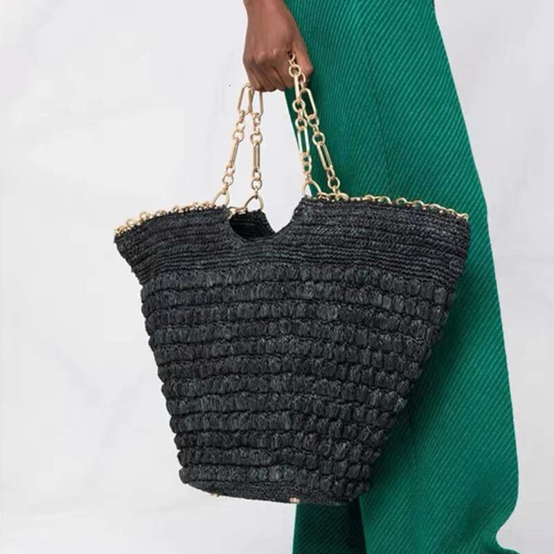 Ins Style Resort Beach Bag Handmade Paper Rope Woven Tote Bag Women S Niche Hardware Chain Handbag Beach Vacation Shoulder Bag KQ
