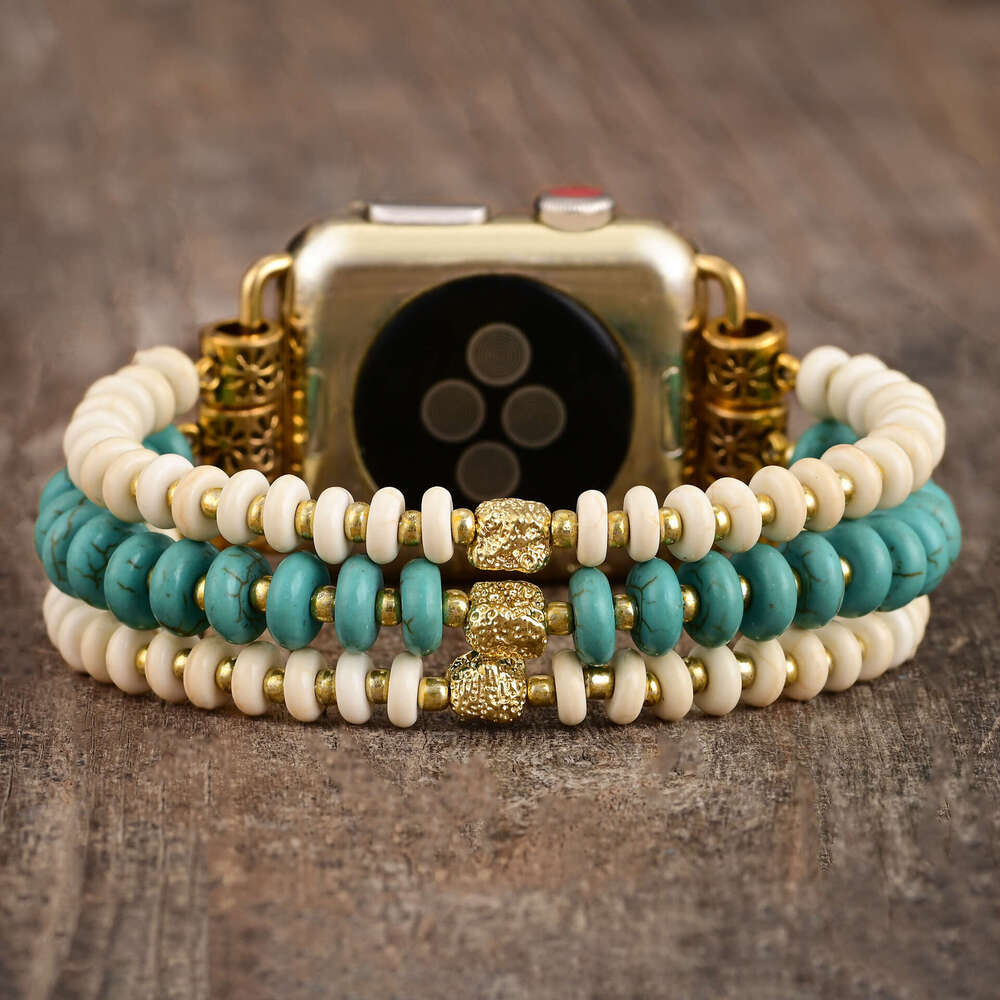 Blue and white pine strap, beaded apple elastic rope, watch strap with bohemian style
