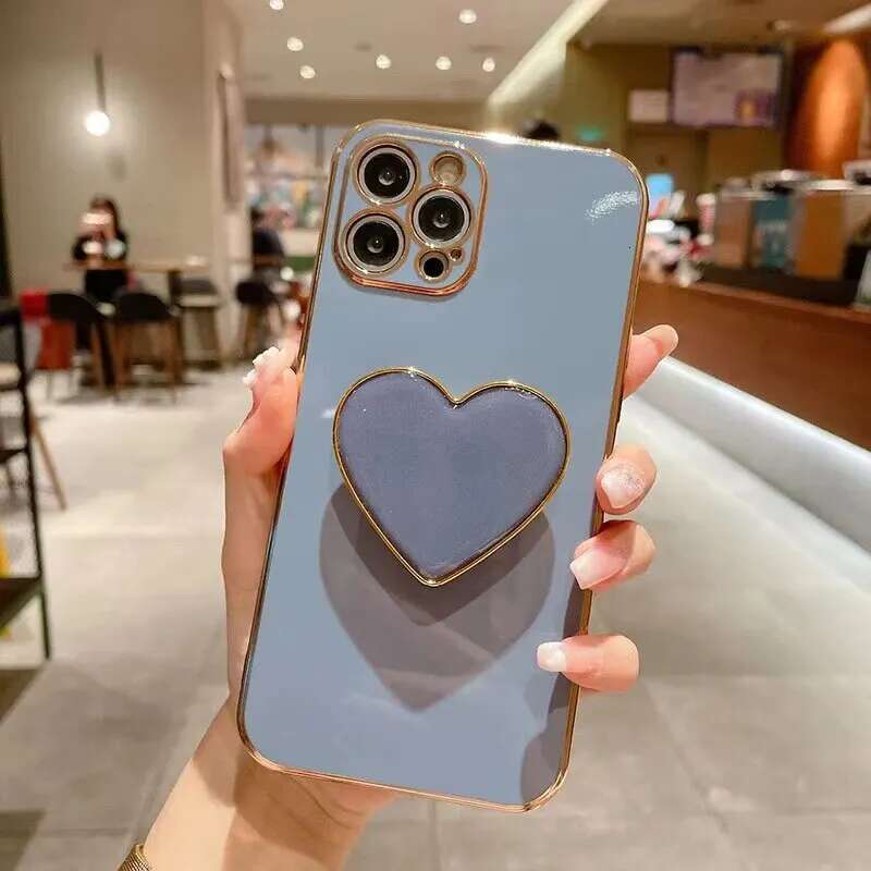 3D Love Bracket Plating Case For IPhone15 14 13 12 Fashion Solid Color Shock-Proof Anti-Fall Mobile Phone Cases