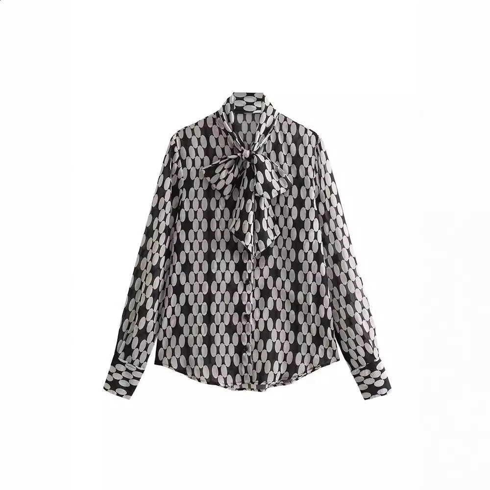 Autumn Womens Fashion Polka Dot Tie Blouse Women Vintage Long Sleeve Front Button Versatile Female Chic Top 250421