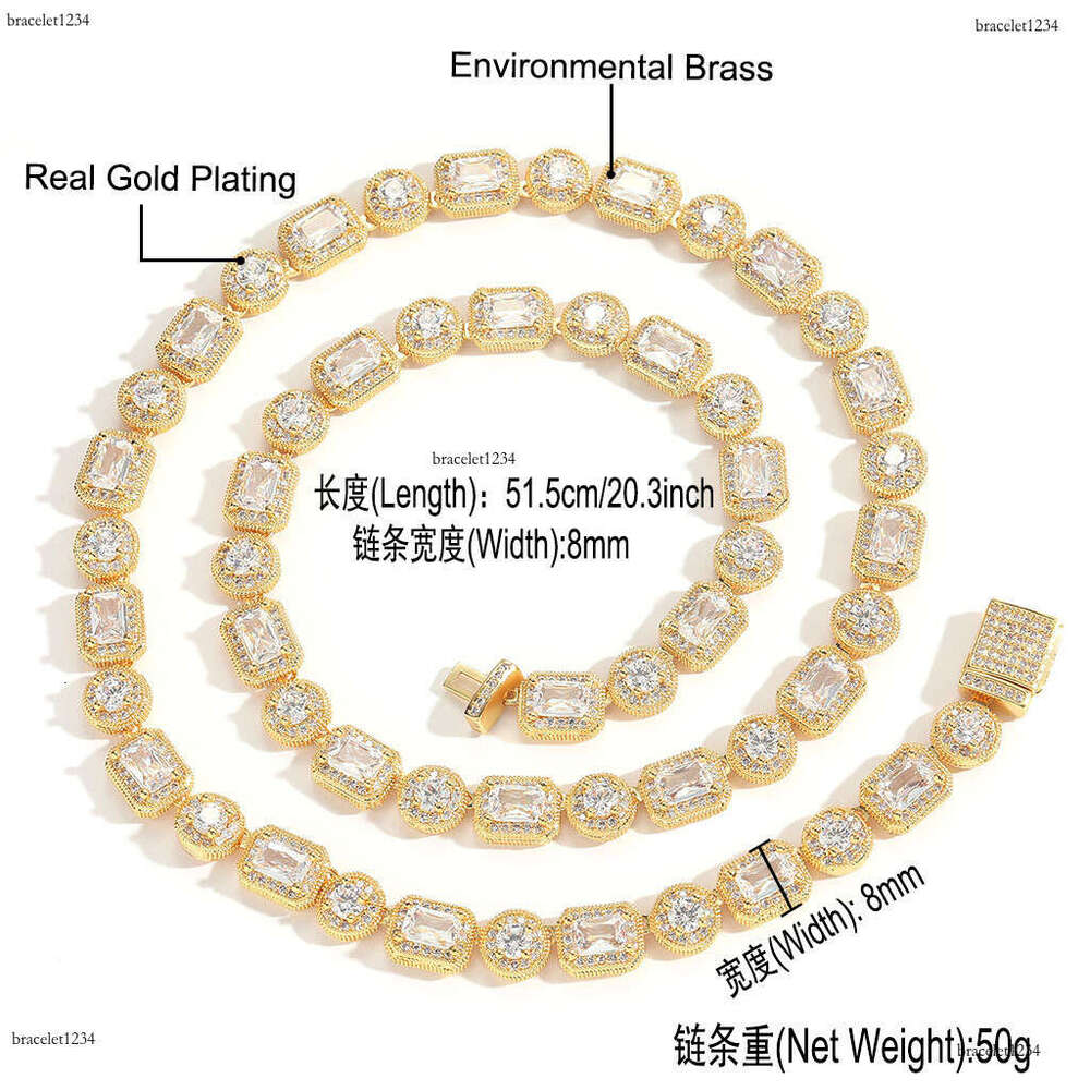 Luxury designer 8mm rock candy chain necklace, T-shaped ice out VVS Moissamite, hip hop necklace bracelet for men and women Free delivery