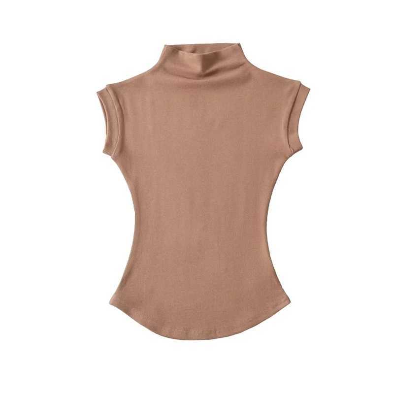 Womens Summer Sexy Turtle Neck Sleeveless T-shirt Top Pure Thin Slim Fit Pulling Shoulder Strap Three way Womens Street Clothing Basic Three way M2504
