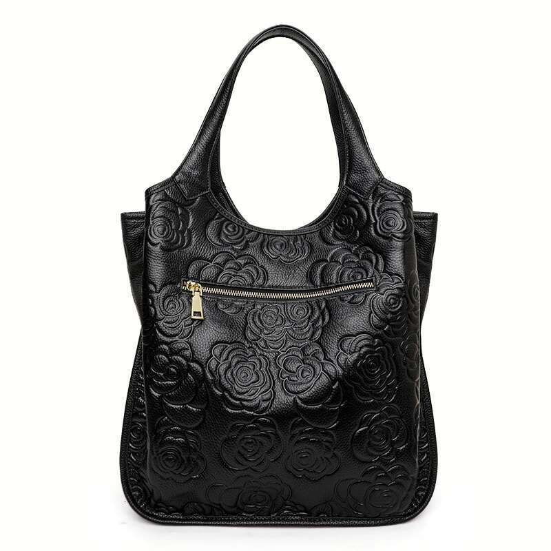 Aidrani Fashion Genuine Leather Emed Women's Handbag Large Capacity Black Cowhide Shoulder Bag