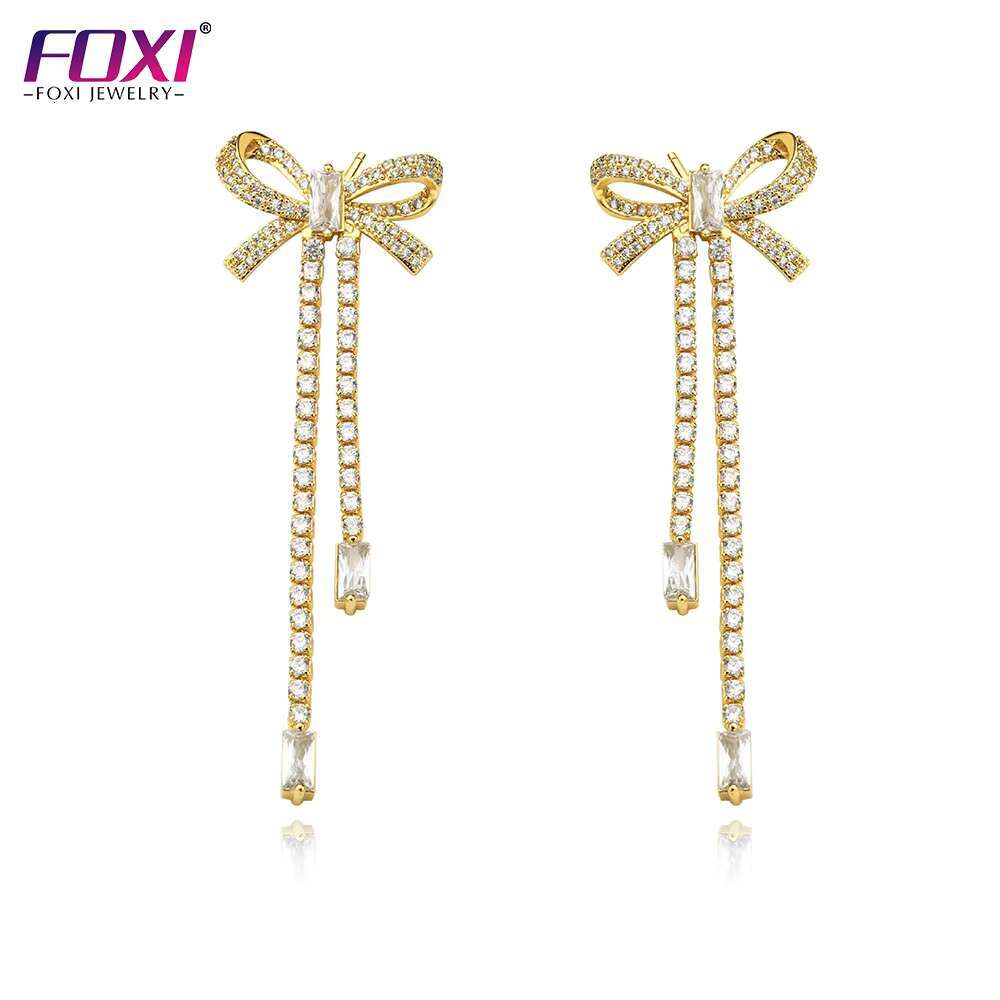 China Wholesale Customized Bow Knot Jewelry Silver Plated Bling butterfly Tassel Style Moissanite Bow Earrings for Women