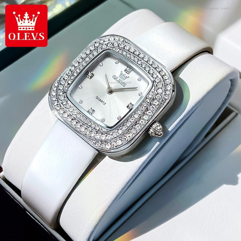 OLEVS Brand Designer Women's Casual Luxury Square Diamond Ring Fashionable Leather Strap Quartz Waterproof Luminous Women's Watch Free Deliv