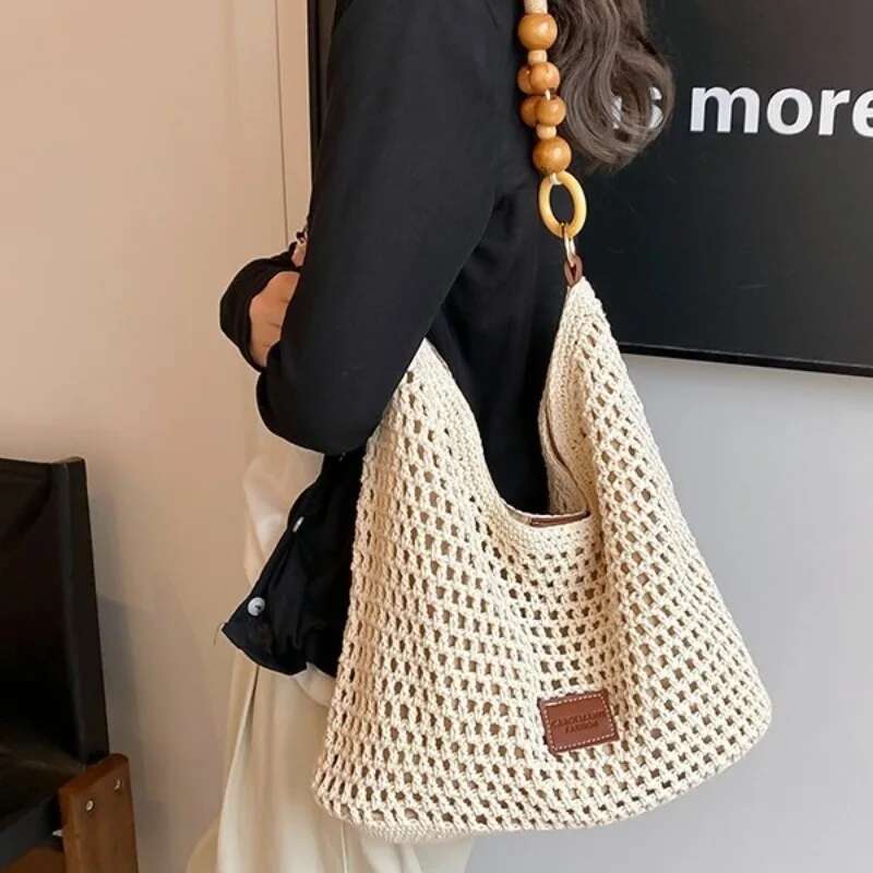 Beach Summer Women Mesh Woven Shoulder Adjustable Strap Handbag Large Capacity Hobo Bag for Travel Vacation