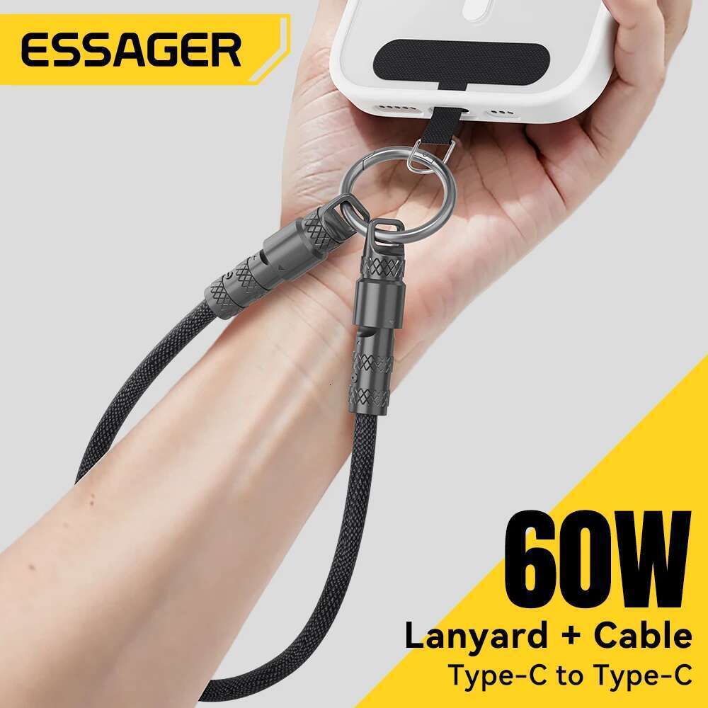 Essager 2 in 1 60W USB-C to Type-C Lanyard Data Cable 3A PD Fast Charging For iPhone 16 15 Samsung Huawei Laptops Anti-lost Rope