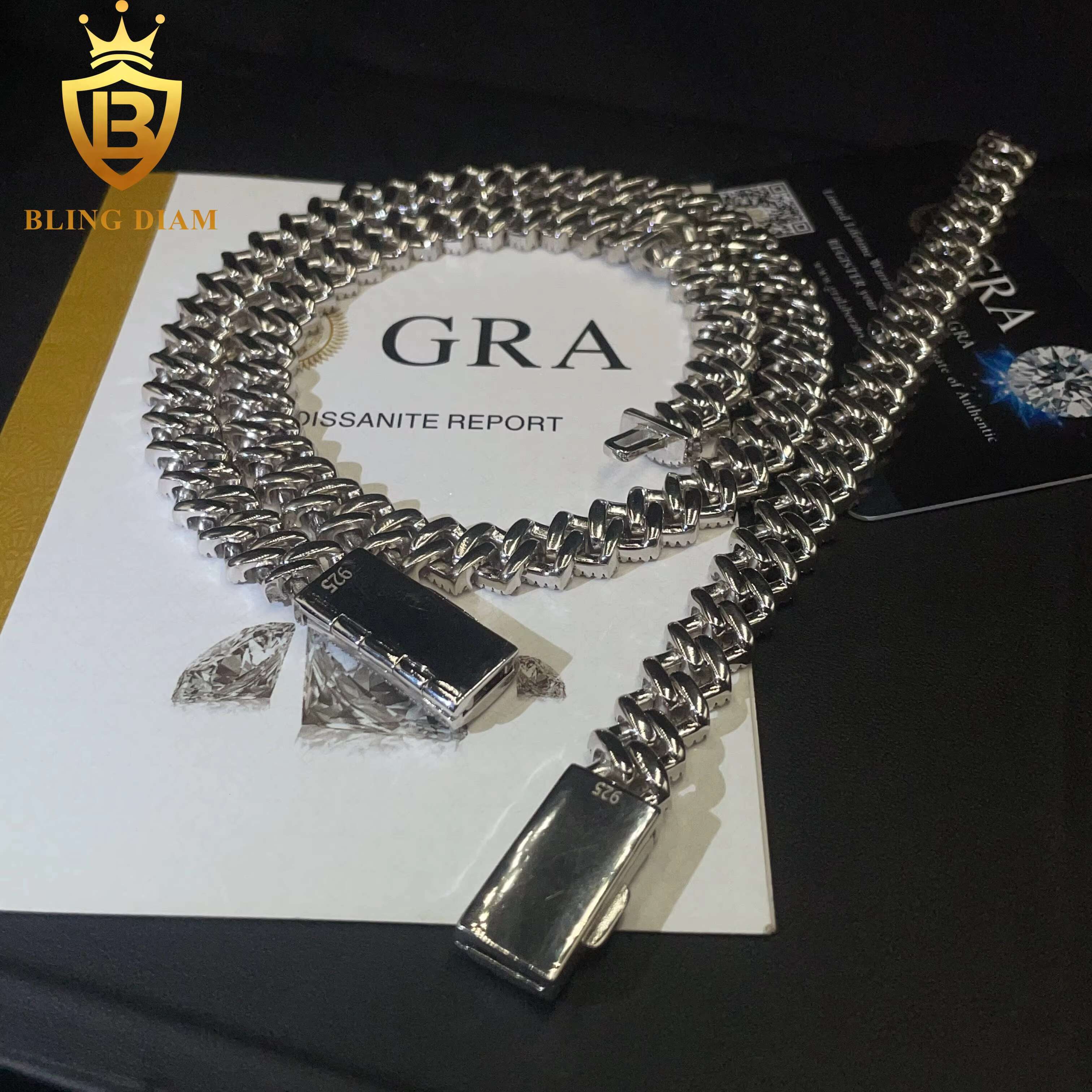 Hot Selling Pass Diamond Tester 925 Solid Silver 12mm Two Rows Iced Out Hip Hop VVS1 Moissanite Cuban Link Chain