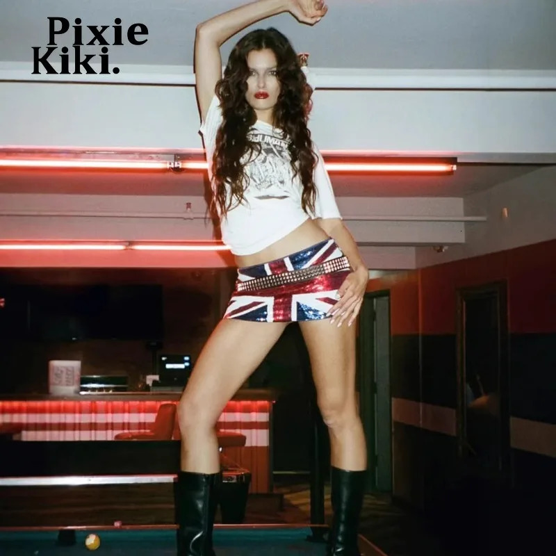 PixieKiki Flag Print Sequin Extreme Mini Skirt Y2k Streetwear Sexy Low Waist Skirts for Summer Women Clothing P67-EZ22 251117