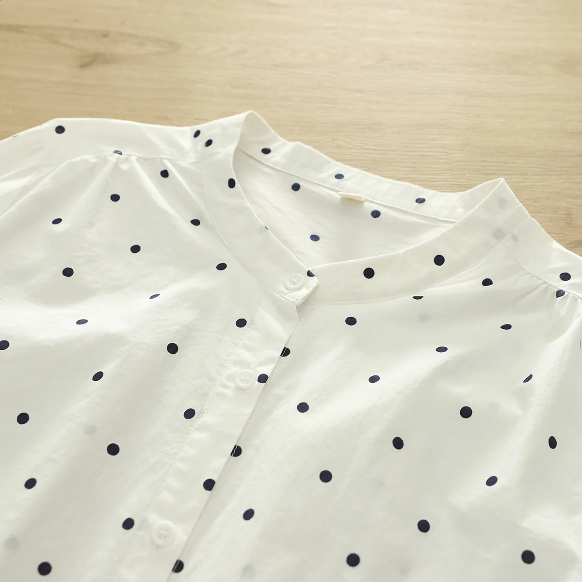 2025 Summer Cotton 3/4 Sleeve Shirt Women Stand Dot Print Hollow Out Mori French Retro Casual Loose Blouse T54417CC 250421