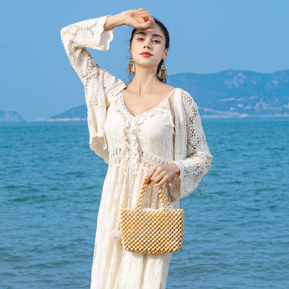 Ins Style Resort Beach Bag OLEI Handmade Woven Women Vacation Handbag Leisure Travel Beach Wooden Bead Bag For Women KQ