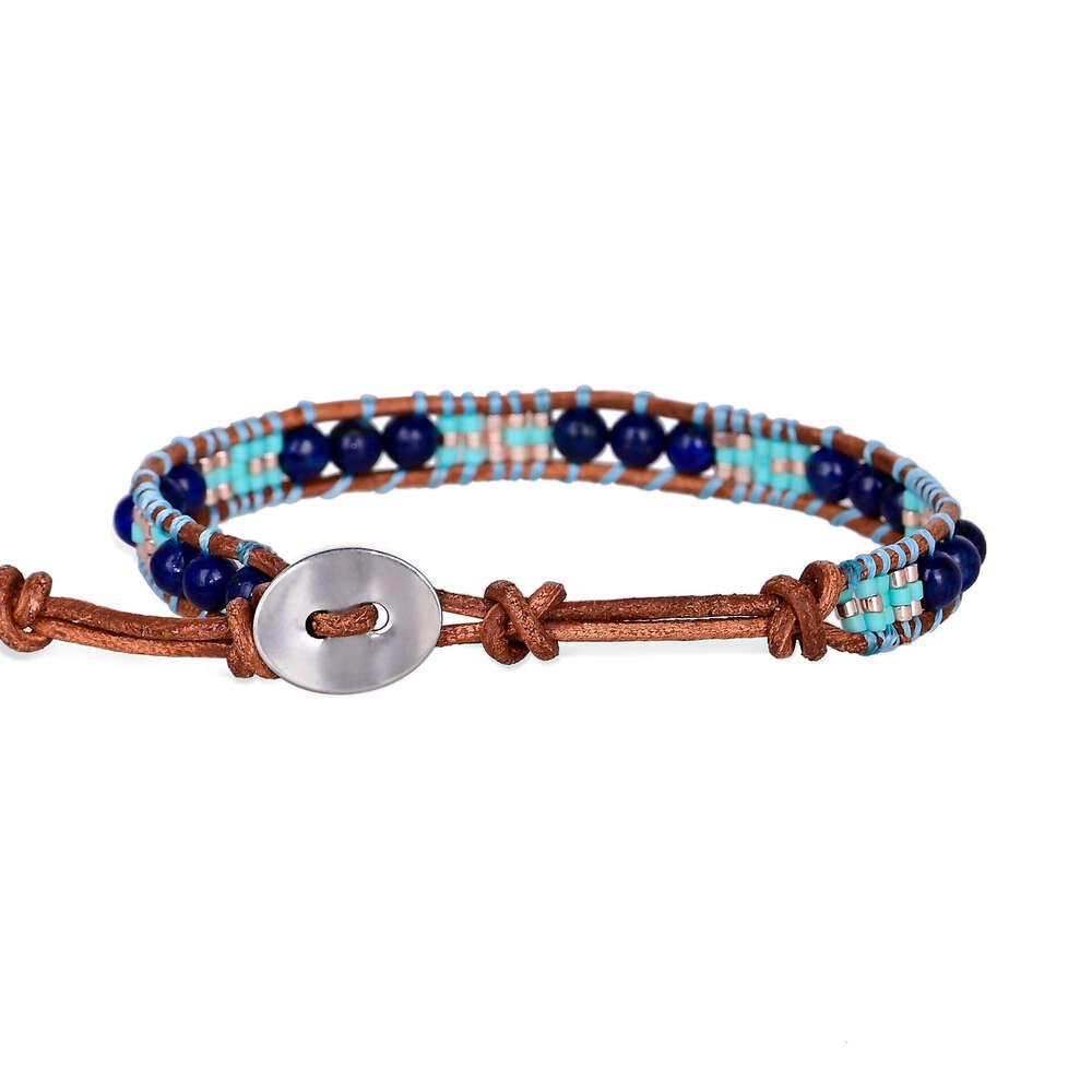 New single-layer minimalist blue gold stone rice bead Bohemian style hand woven bracelet