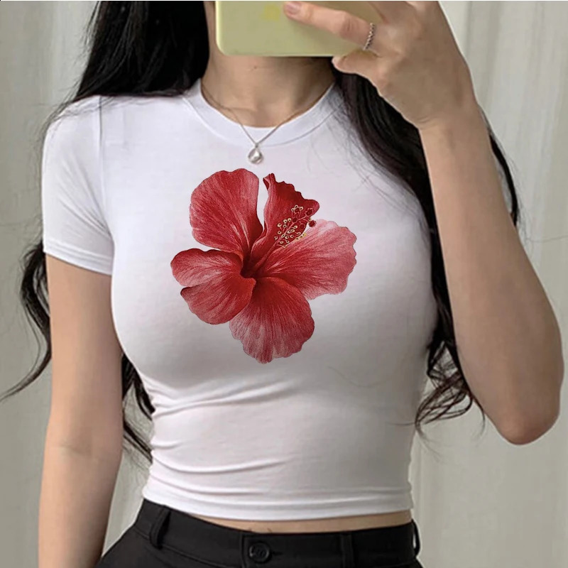 Floral print cute crop top retro womens Tshirt Gothic Grunge Emo girl slim baby Y2k clothing 250415Z