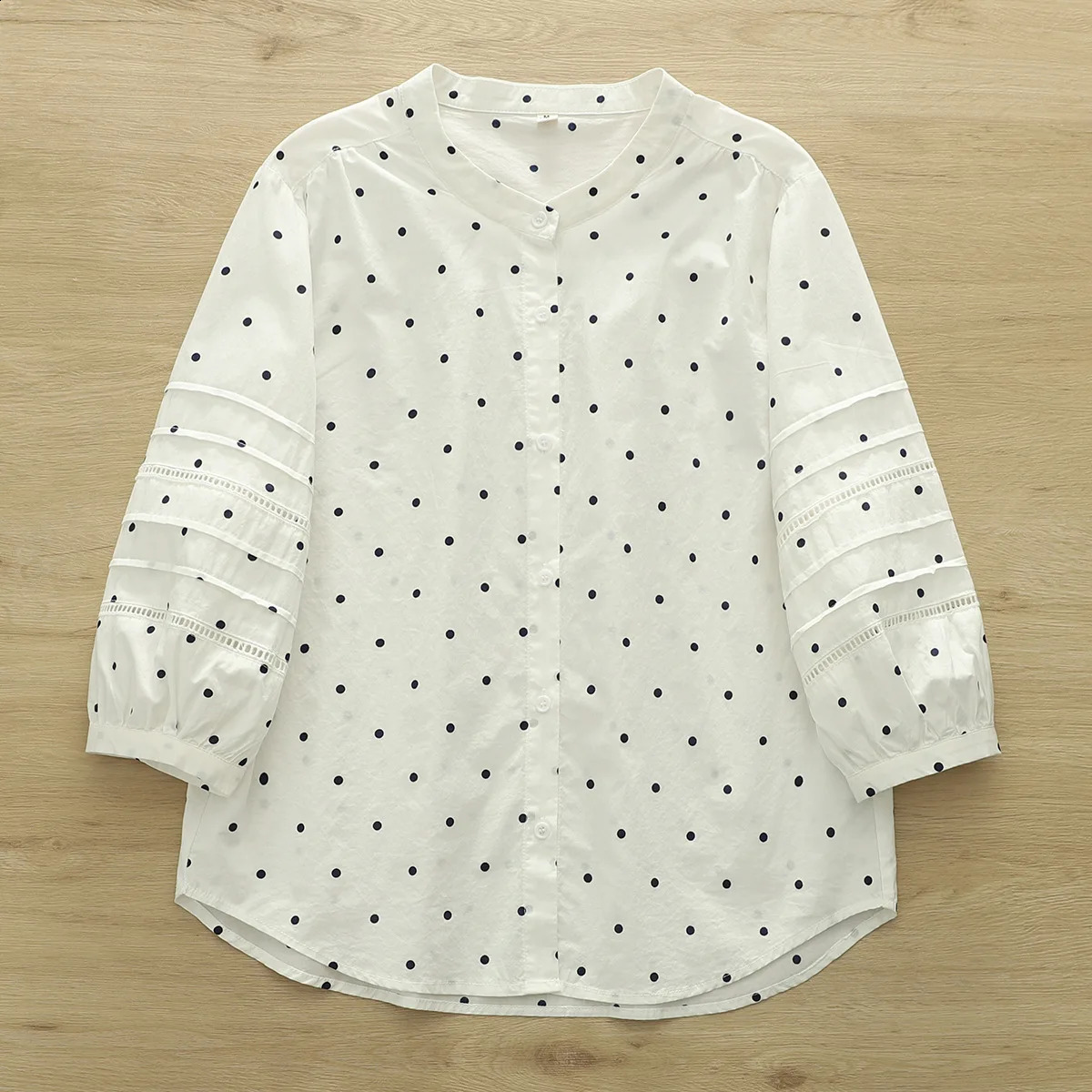 2025 Summer Cotton 3/4 Sleeve Shirt Women Stand Dot Print Hollow Out Mori French Retro Casual Loose Blouse T54417CC 250421