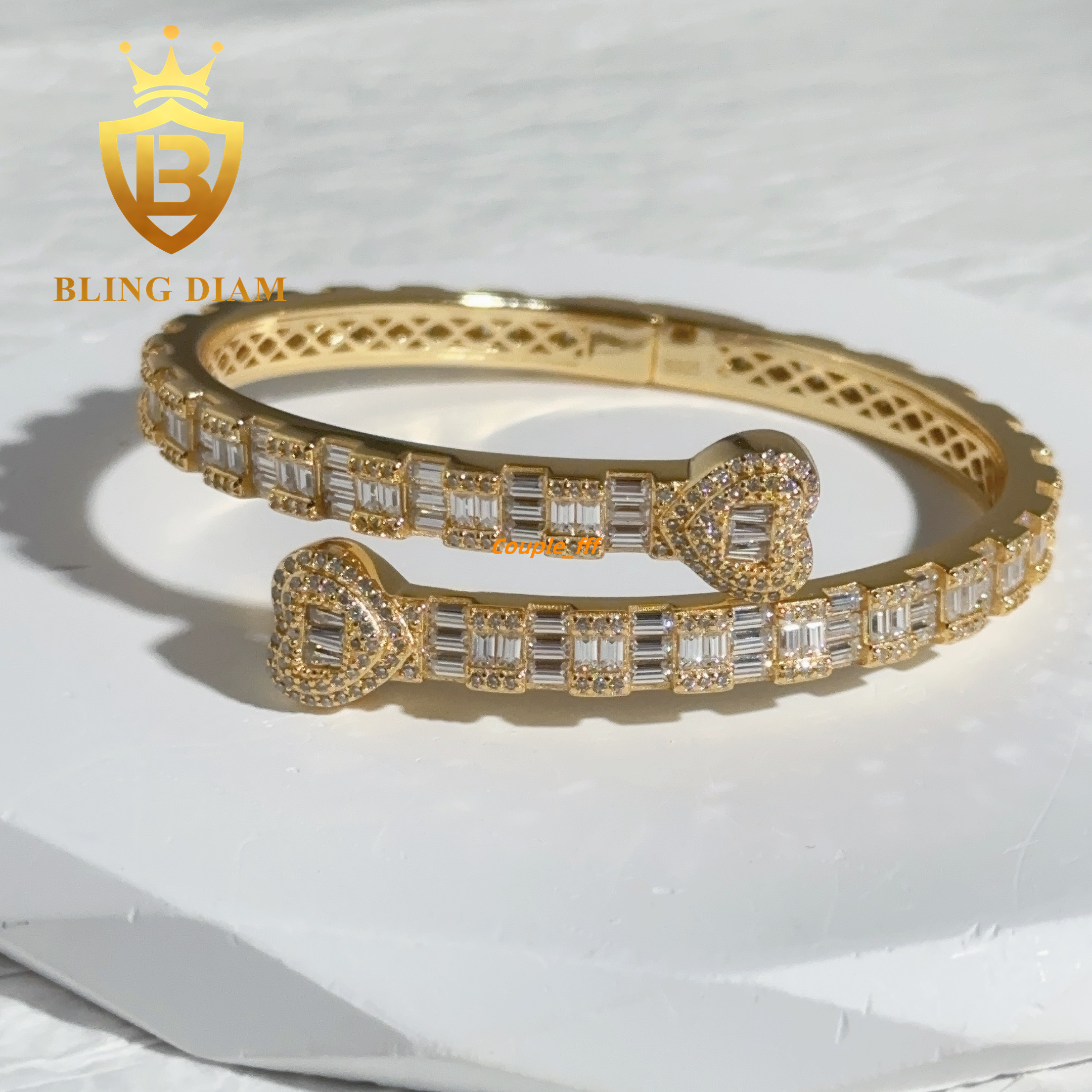 High End 925 Sterling Silver Heart Iced Out Moissanite Bangle Hip Hop Jewelry Baguette Cut Diamond Bangle Pass Diamond Tester