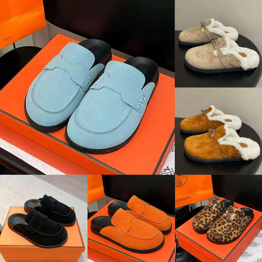 Luxury clog Mule slippers Designer shoe suede H slipper calfskin woman shoe flat beige indoor slide beach sandals chamois casual mule boken jiuytwool slippers shoes