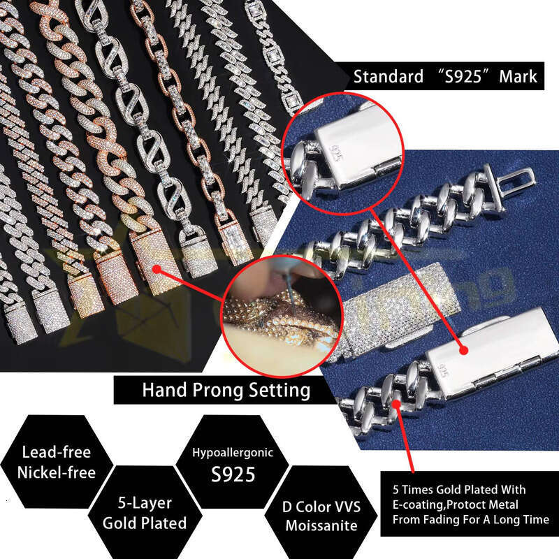 Hot Selling Hip Hop Jewelry 6mm 8mm 10mm Sterling Sier 14K Gold Iced Out Link Moissanite Cuban Bracelet aaa aaa