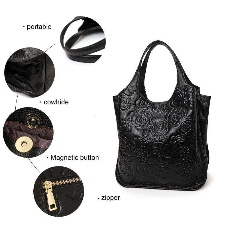 Aidrani Fashion Genuine Leather Emed Women's Handbag Large Capacity Black Cowhide Shoulder Bag