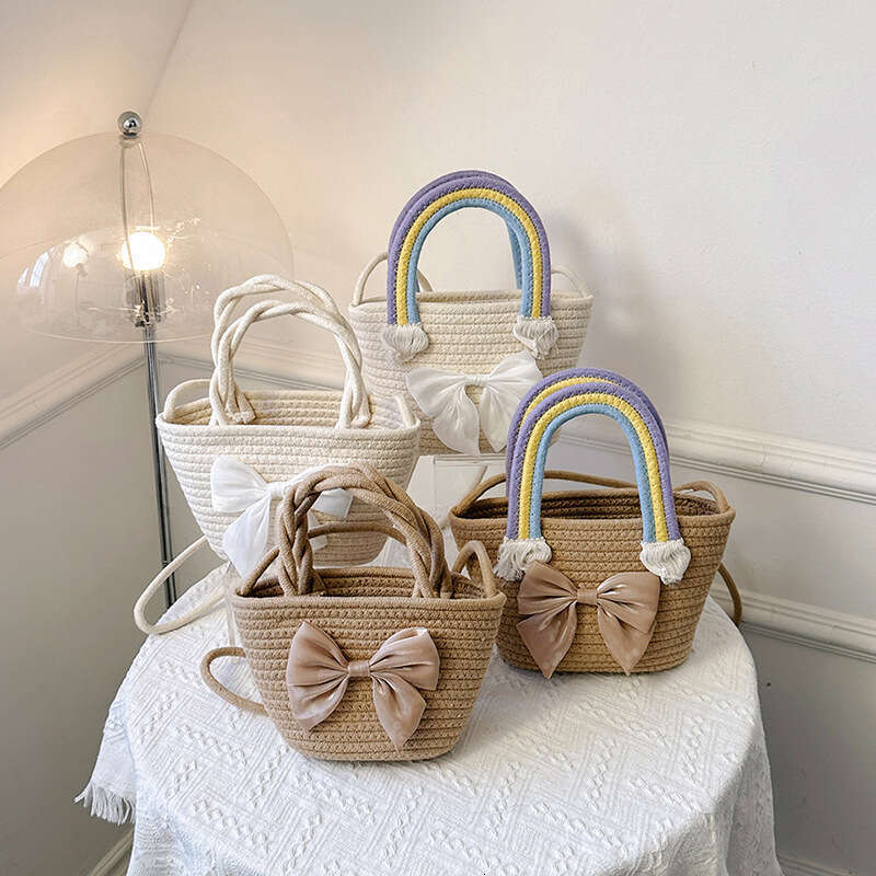 Ins Style Resort Beach Bag New Rainbow Handheld Small Handmade Cotton Thread Women S Straw Woven Cute And Versatile Beach Vacation Bag KQ