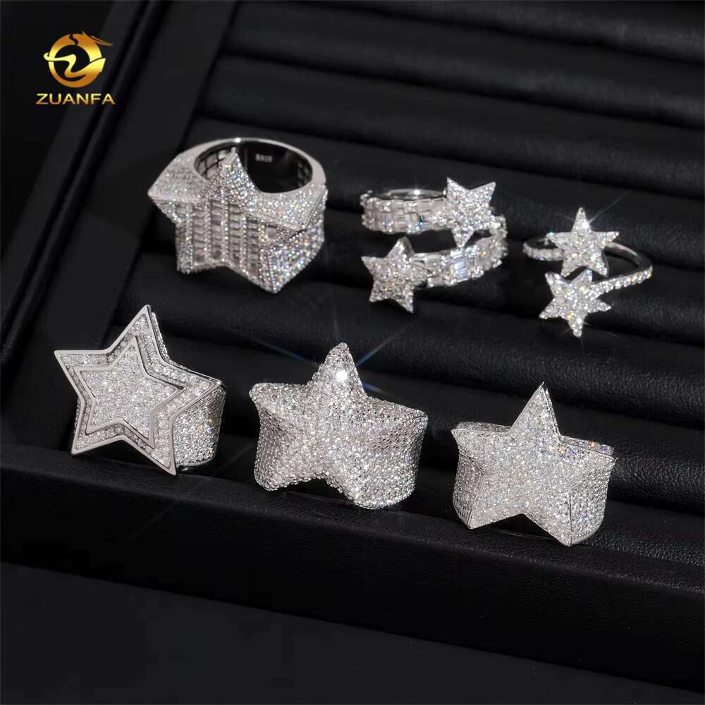 Hot Sale Instock Iced Out Star Moissanite Men Diamond Rings 925 Silver Hip Hop Ring Pass Diamond Tester Fashion Men Cuban Ring