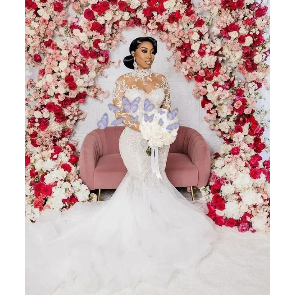 Plus Size African Wedding Dresses Mermaid Long Sleeves Appliques Beaded Women Bridal Wedding Gowns For Black Girls Customized