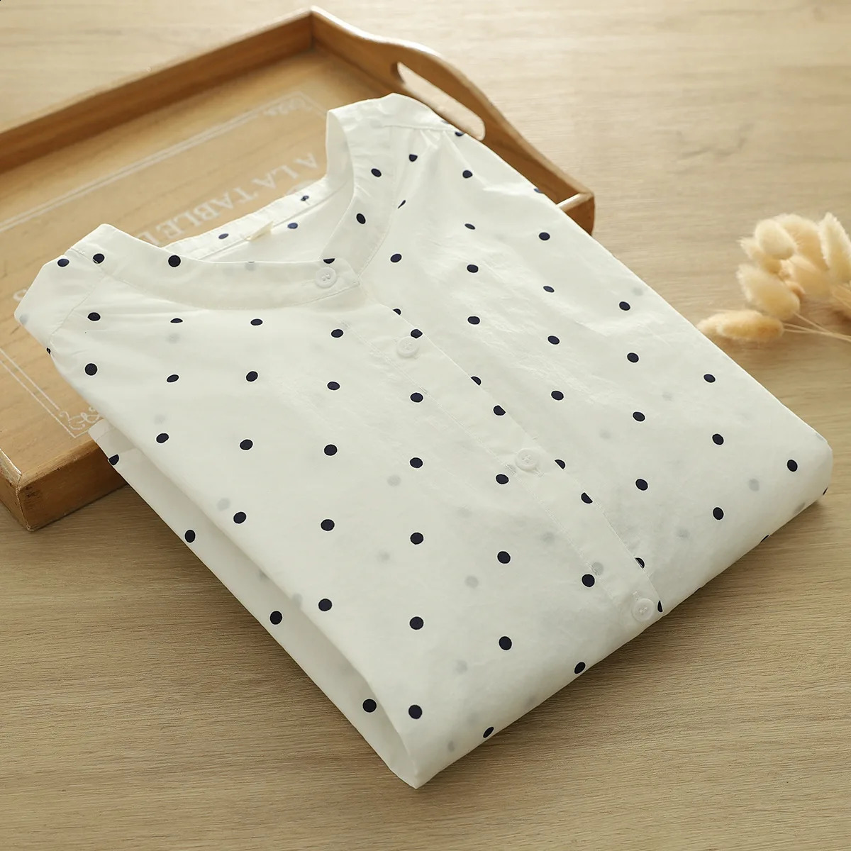 2025 Summer Cotton 3/4 Sleeve Shirt Women Stand Dot Print Hollow Out Mori French Retro Casual Loose Blouse T54417CC 250421