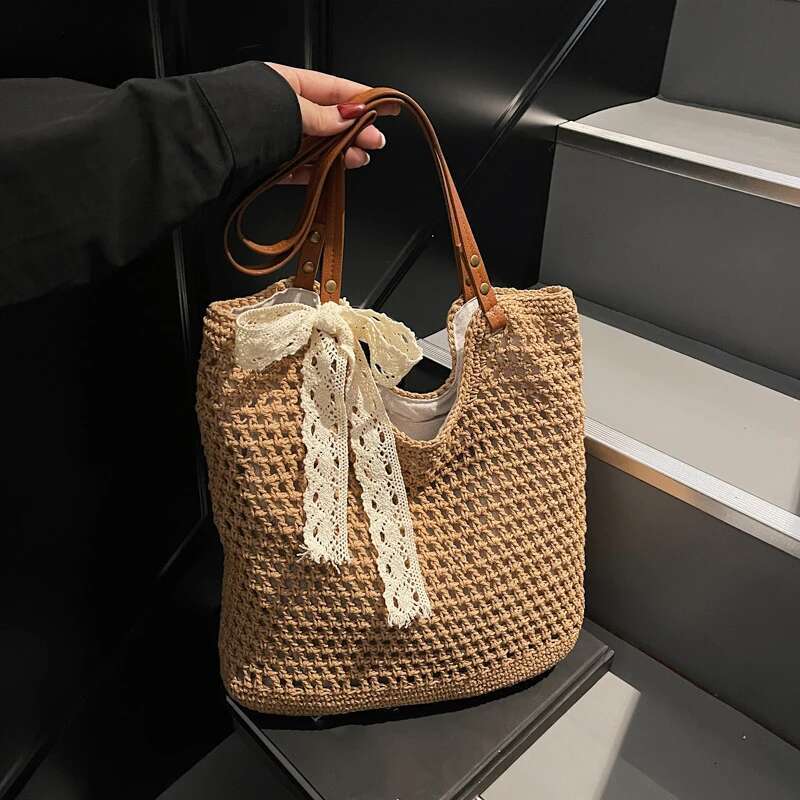 Lace Bow Knitted Shoulder Shopping for Women Vintage Cotton Cloth Girls Tote Shopper Large Female Handbag Crochet Bag ddmymoon