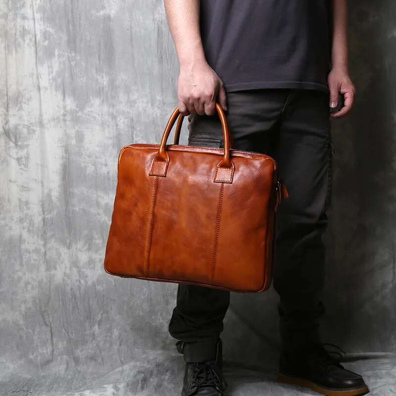 Pure Hand Rubbed Color Vegetable Tanned Head Layer Cowhide Men S Double Handbag Horizontal Genuine Leather Crossbody Briefcase Bag Bag