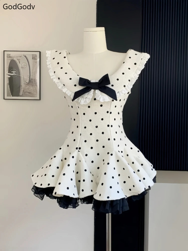 Summer Retro Elegant Woman Dress Y2k Polka Dot Bow Slim Sweet Mini Dress Female Korea Style Chic Sexy Party Outfits 250422
