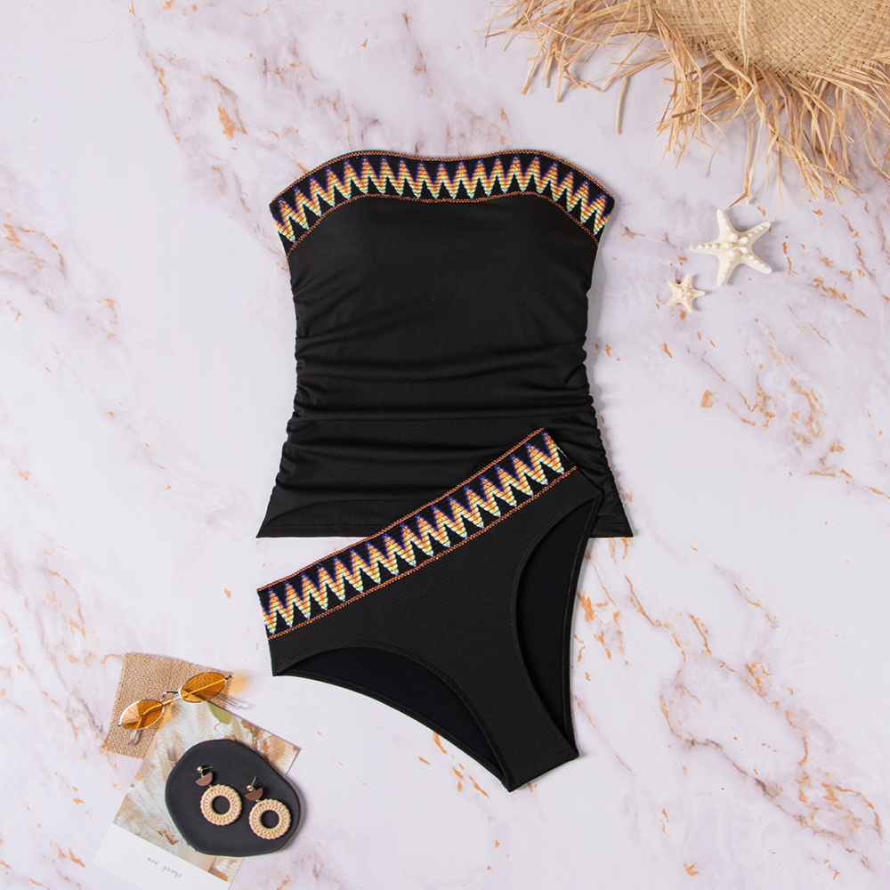 Ribbed Material Strapless Geometric Print Mesh Embellished High Waist Ruched Design Black Soft Cups Padded Tankini Set
