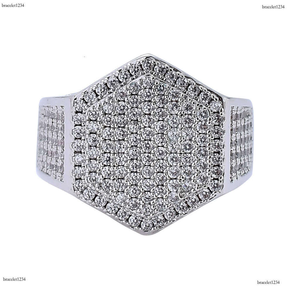 Luxury designer Hexagonal Ice Out VVS Moissanite Ring for Men Hip Hop Ring with free shipping