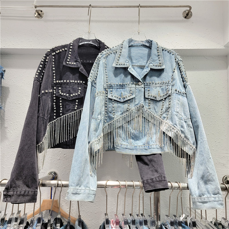 2024 Spring and Autumn New Heavy Industry Water Diamond Tassel Loose Front Short Rear Long Look Skinny Denim Coat Short Coat for Women 231122