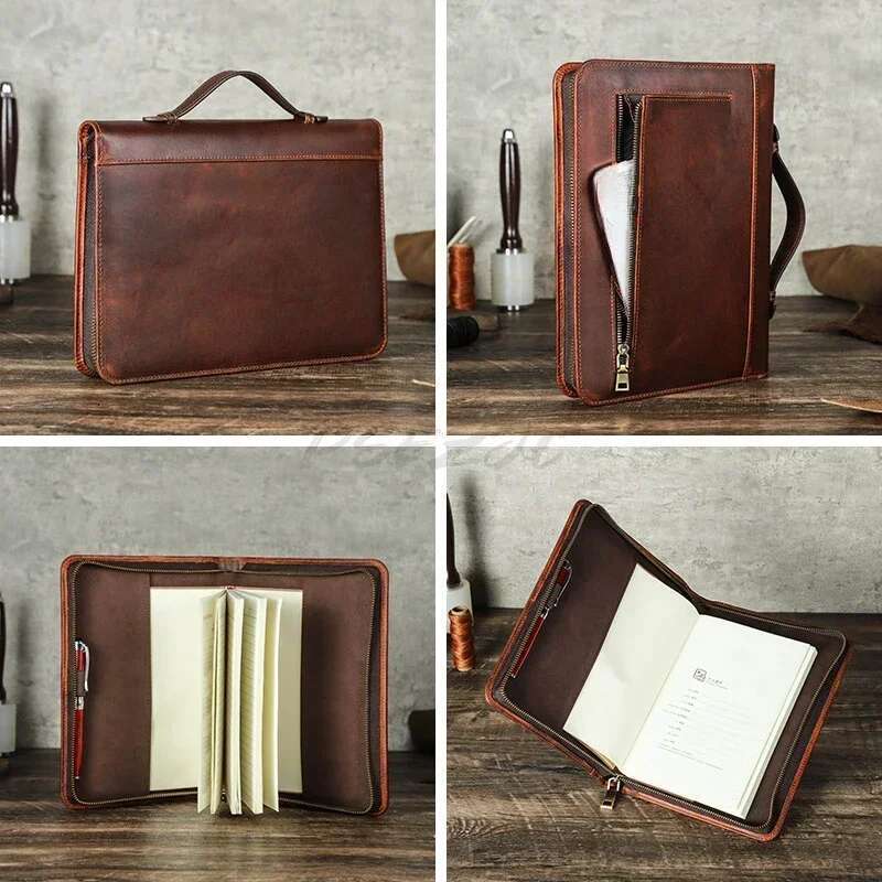 Retro Dark Brown A5 Leather Diary With Pen Slot Wrist Zipper Business Office Notebook Book Cover