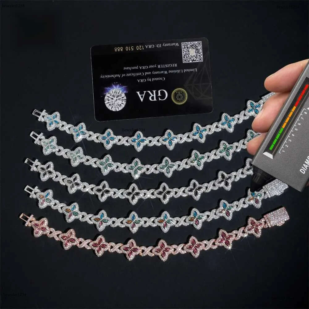 Hot Selg Colorful Hip Hop Iced Out Jewelry 15mm Sier Clover Cuban Moissanite Infinity k Bracelet for Men Free delivery