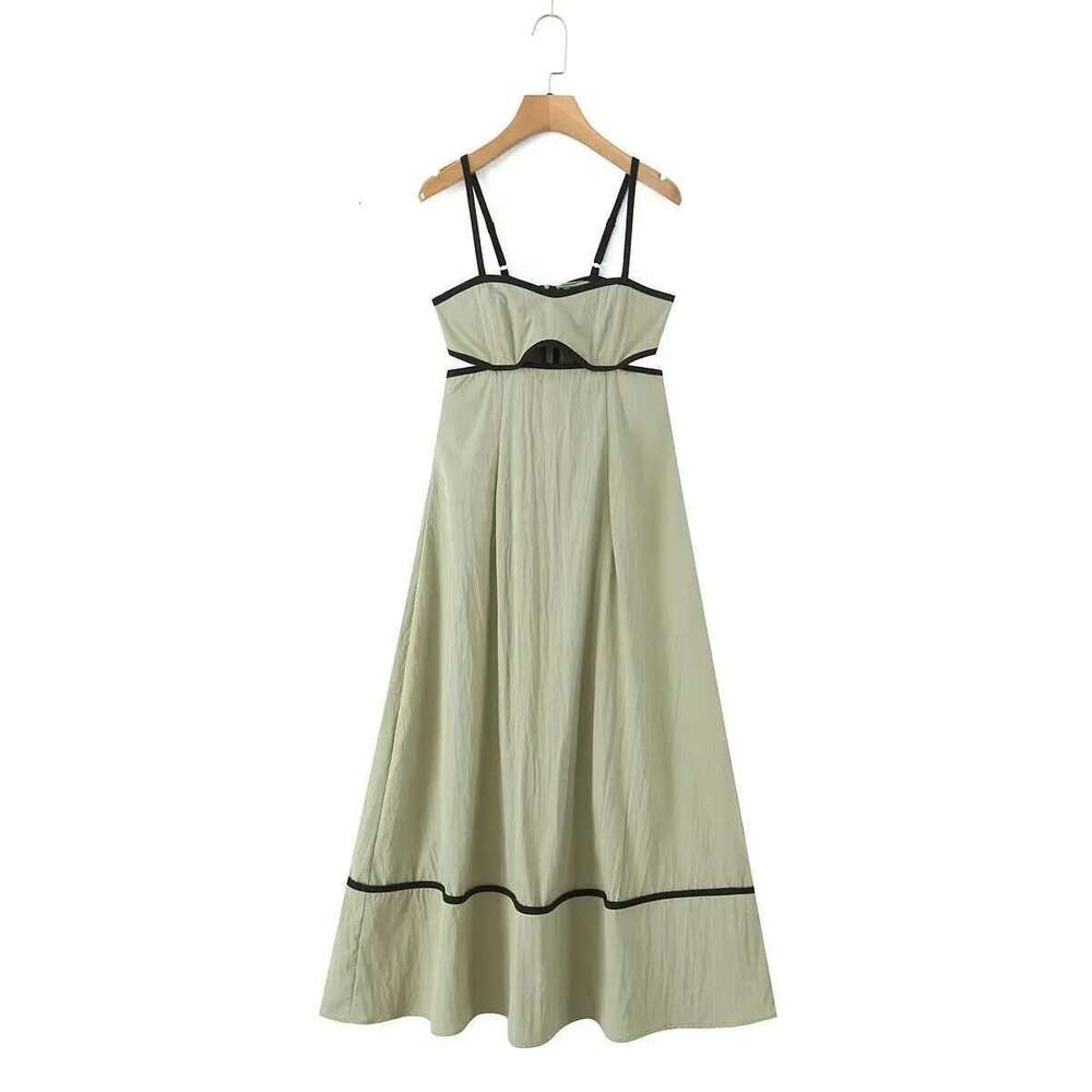 Designer Women's Clothing 2025 Fashion Green Contrast Black Edge Suspender Dress Summer Sleeveless Backless Beach Dresses