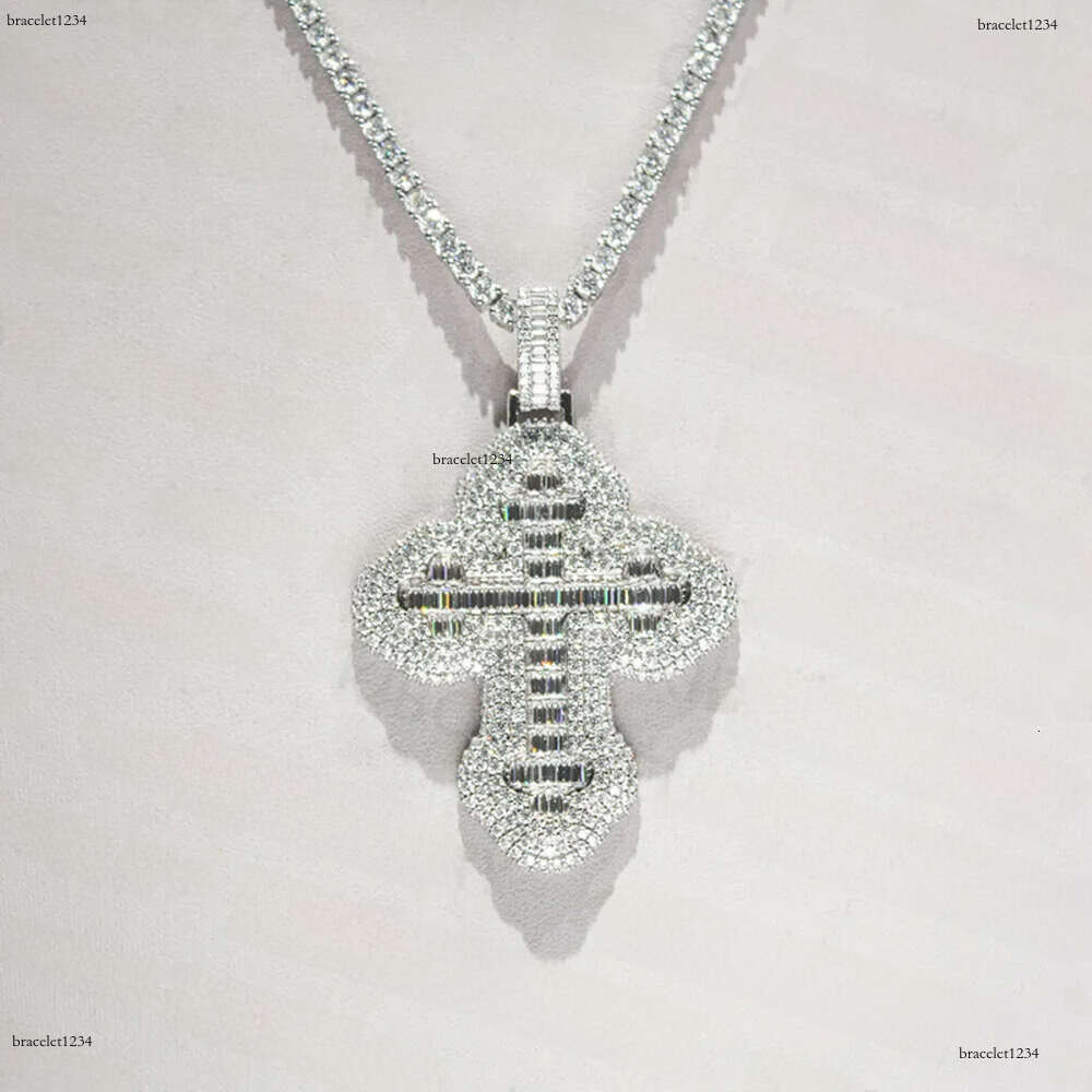 Christmas Gift Hiphop Iced Out Baguette & Round VVS Moissanite Cross Pendant And Chain Necklace For Men Jewelry
