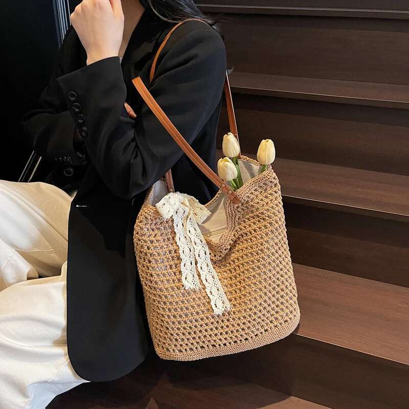 Lace Bow Knitted Shoulder Shopping for Women Vintage Cotton Cloth Girls Tote Shopper Large Female Handbag Crochet Bag ddmymoon