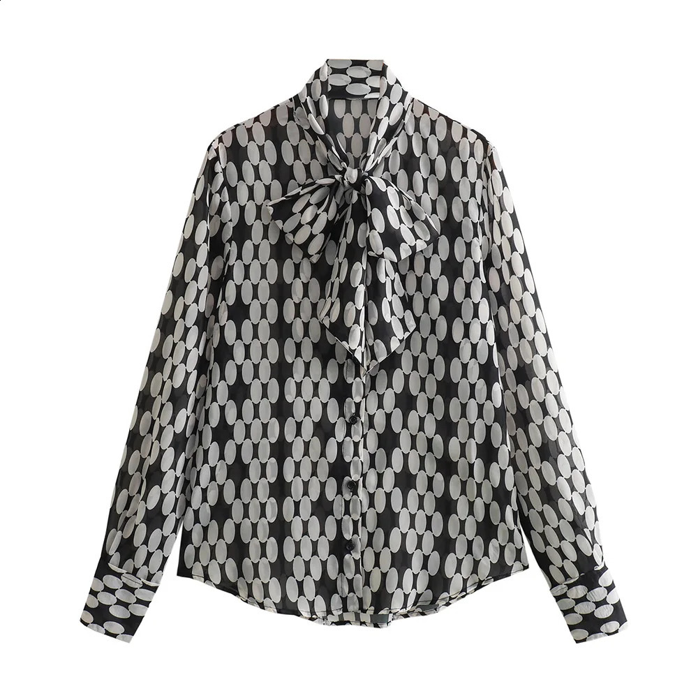 Autumn Womens Fashion Polka Dot Tie Blouse Women Vintage Long Sleeve Front Button Versatile Female Chic Top 250421