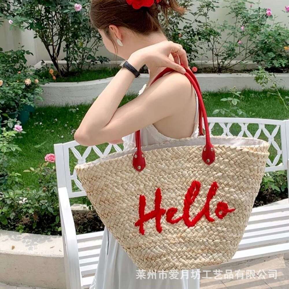 Ins Style Resort Beach Bag Korean Dongdaemun High Ding HELLO Letter Single Shoulder Straw Woven Large Capacity Seaside Vacation Beach Tote Bag KQ