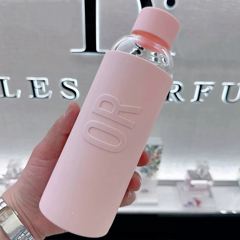 500ML Pink Large Capacity Designer Glass Water Bottle with Silicone Insulated Non-Slip Cup Cover Cute Glass Carry-On Mug whit gift box