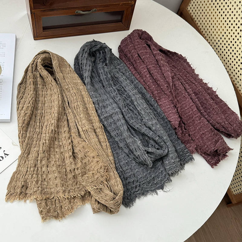 K486 Cotton and linen scarf for women new summer solid color retro rough fur edge sunscreen breathable multi-purpose silk scarf neck protection neck s