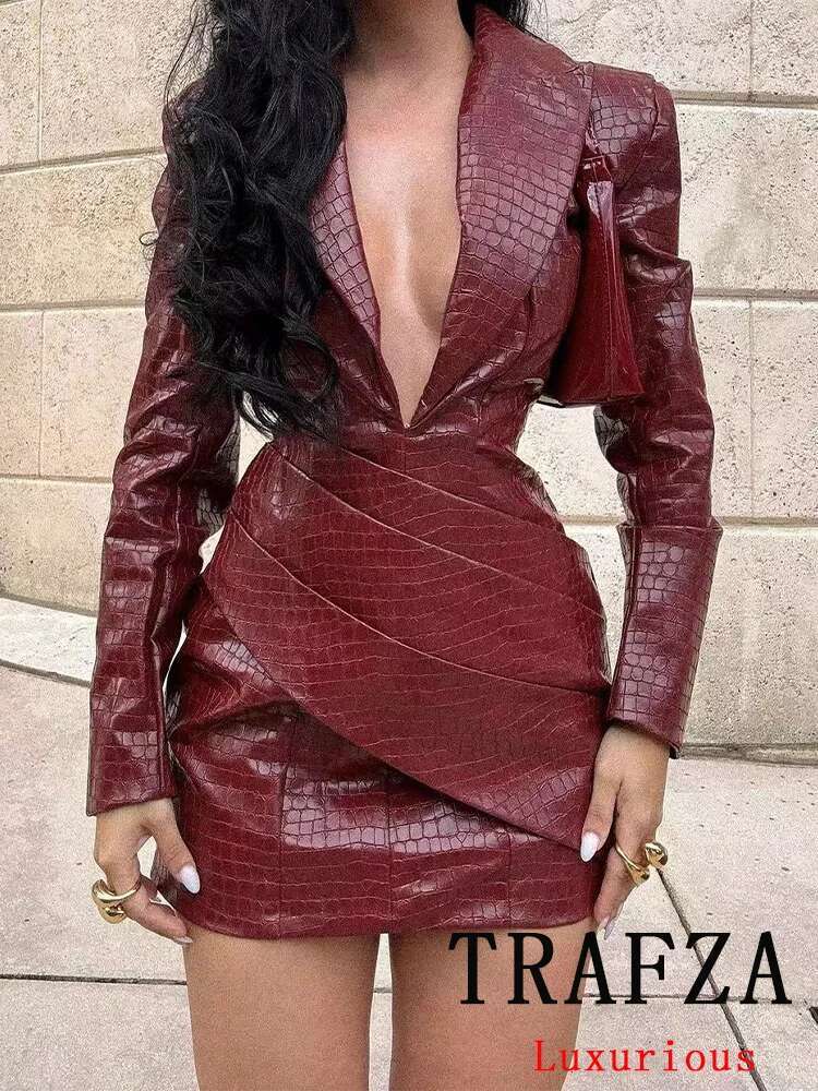 TRAFZA Sexy Leather Women Party Solid Red Long Sleeve Mini Sheath New Fashion Autumn Winter Evening Club Dress