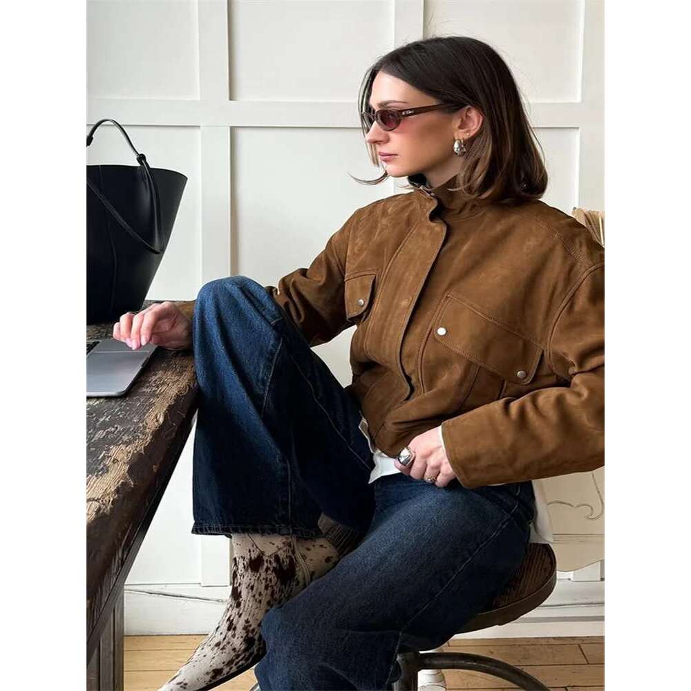 Designer Clothes Women's Spring Suede Jacket Vintage Laple Zipper Button Pockets Full Sleeve Female Jackets 2025 New Fashion Chic Lady Outwears