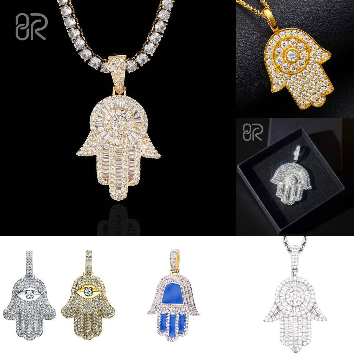 Pass Diamond Tester Wholesale Ice Out VVS Moissanite 925 Silver 15Inch Lucky Hamsa Hand Pendant Islam Hip Hop Men Necklace