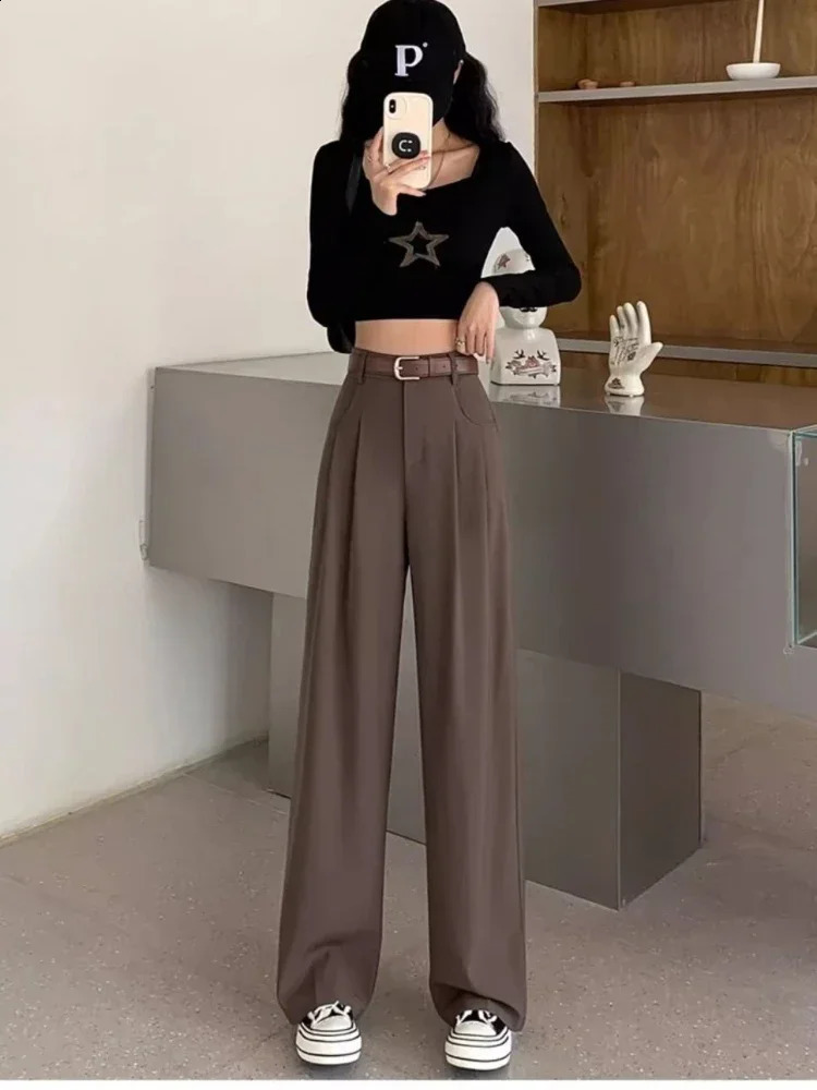 Fashion High Waist Wide Leg Pants Women Spring Fall Baggy Black Trouser Office Ladies Full Length Straight Suit Pant Outwear 250421